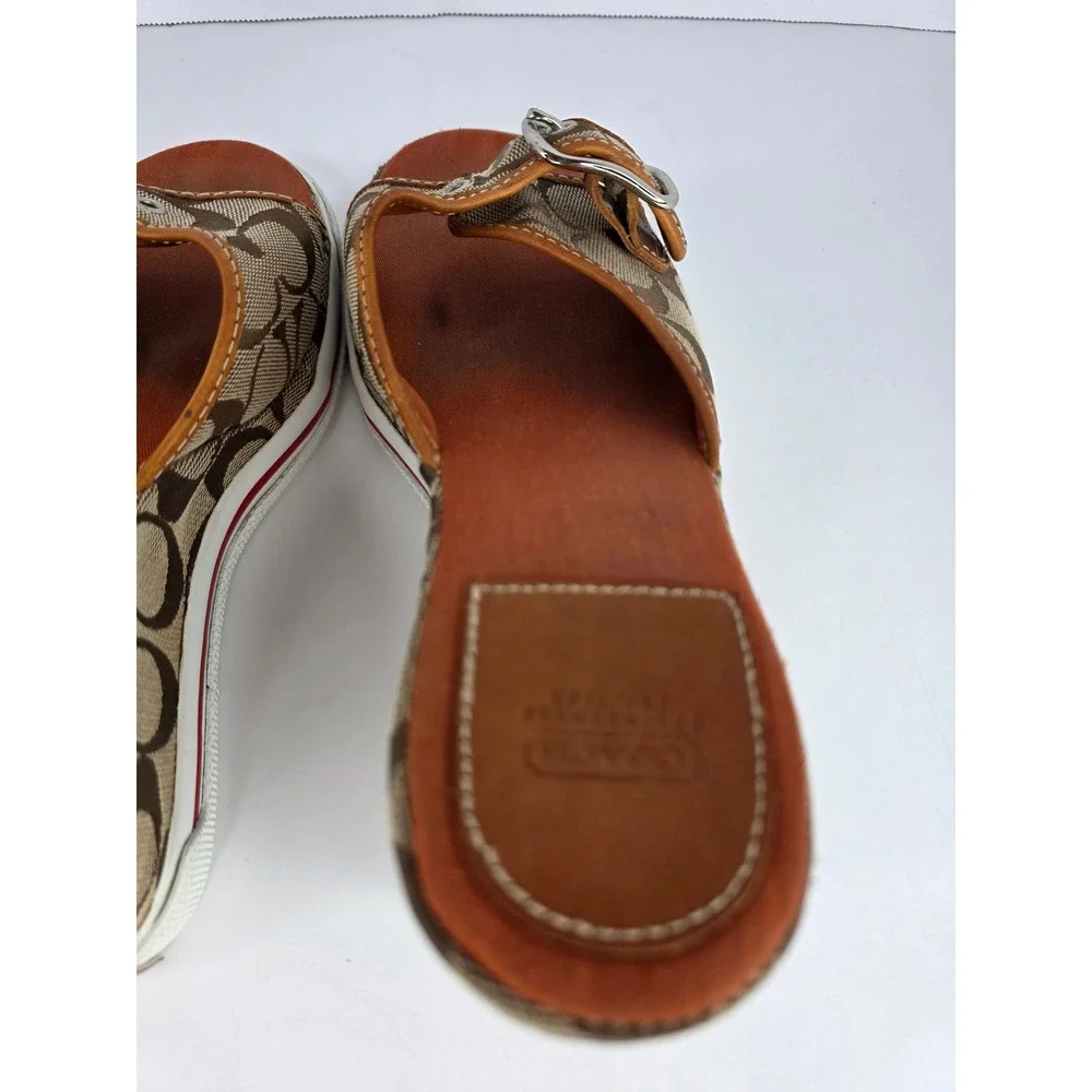 Coach Alyssa Wedge Sandals Womens 8.5 B Brown Canvas Monogram Buckle C Logo